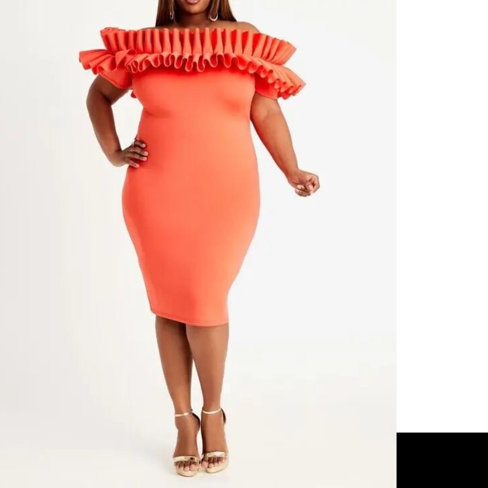 NEW ASHLEY STEWART hot coral neoprene scuba ruffle dress 18/20 34/36